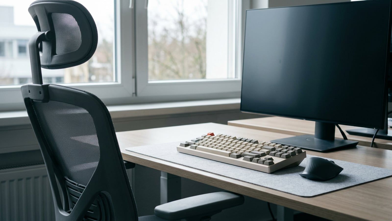 An empty office chair pulled up to a desk, a compact keyboard centered in front of it, a mouse just to its right, a monitor with a dark blank screen behind, a window to one side