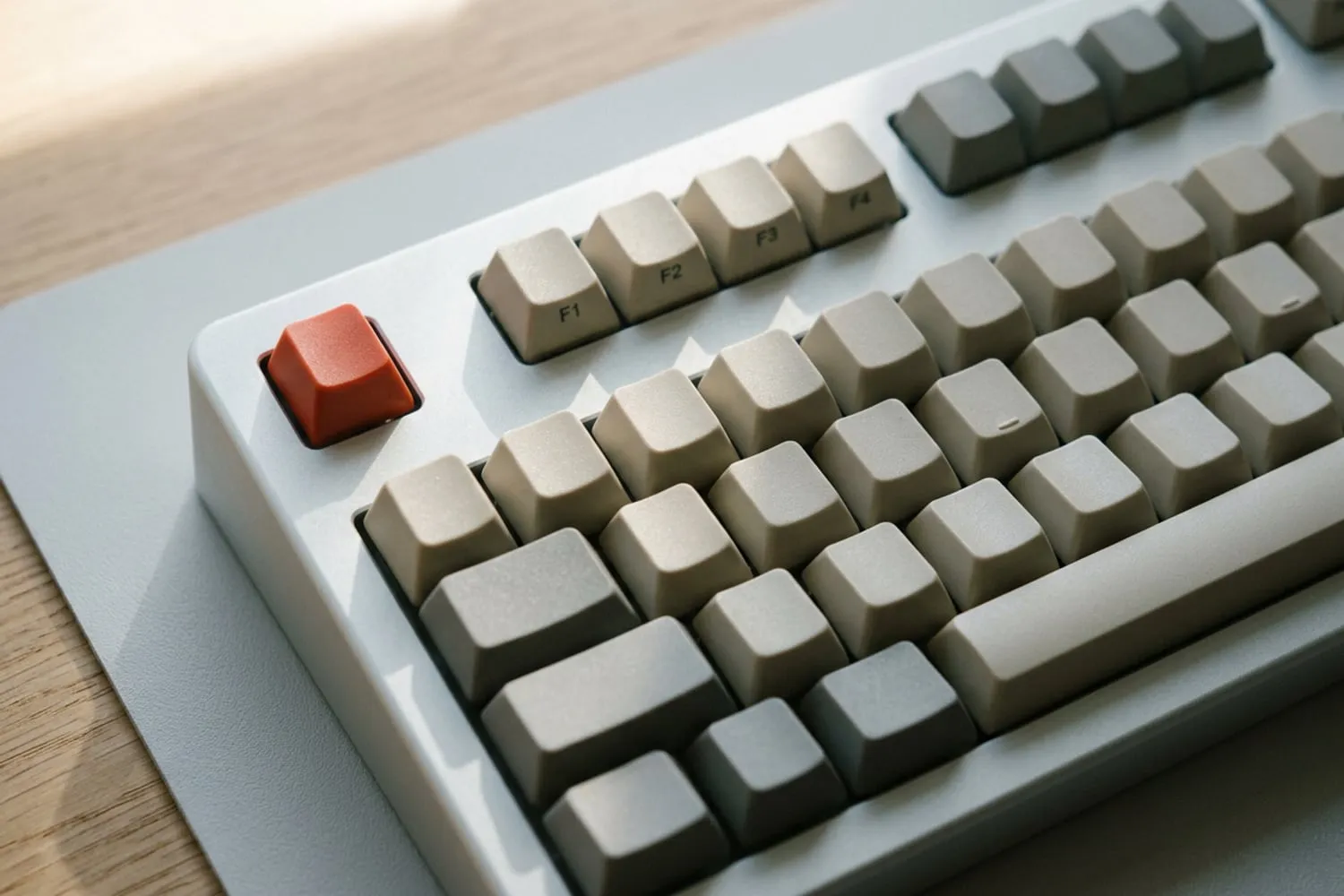 The top row of a slim aluminium keyboard up close: a line of short, half-height keys above the full-size row below, every keycap blank, soft light raking in from the left