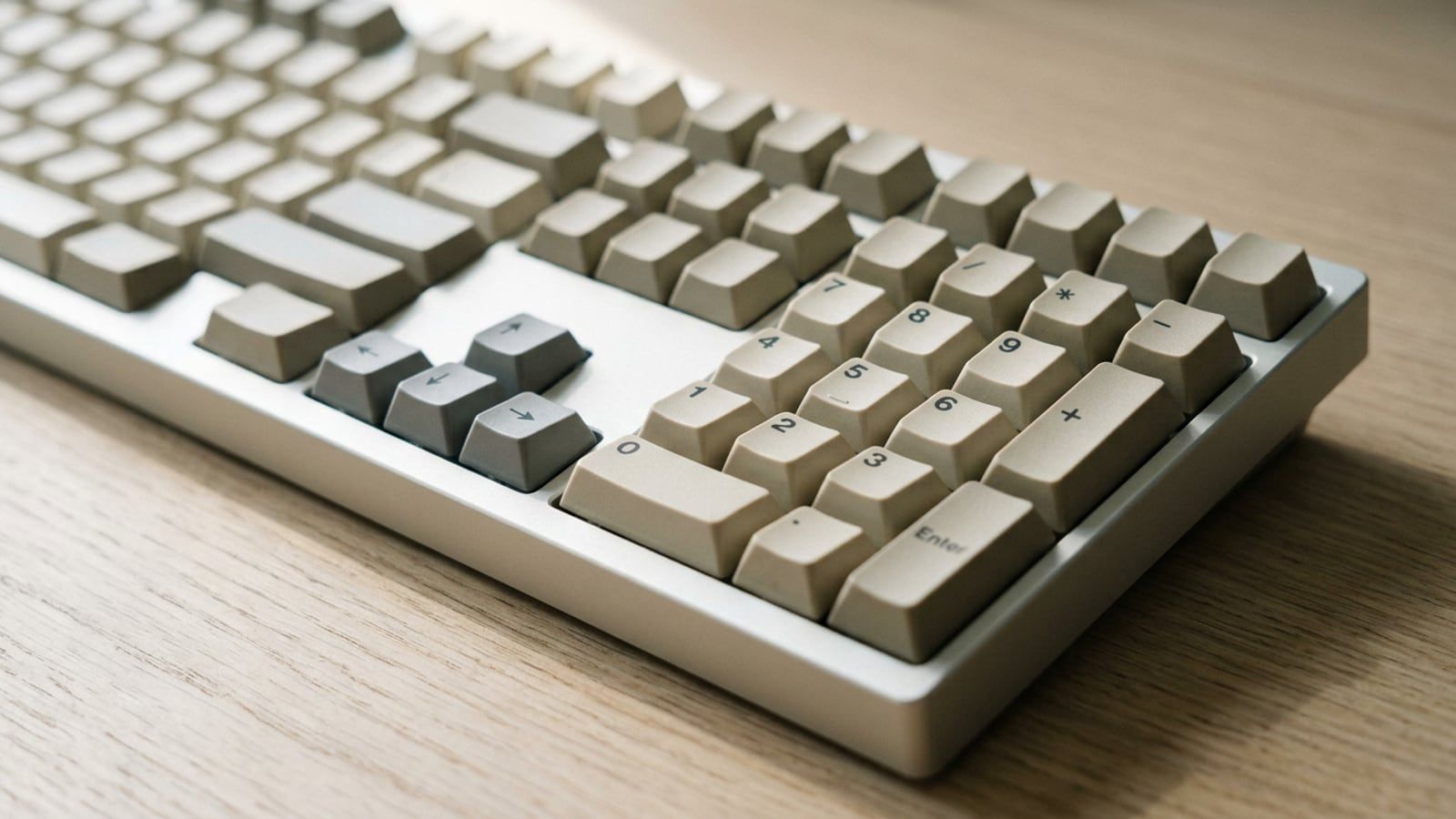 The number pad of a full-size beige keyboard seen low from the right on a pale desk, the grey arrow keys beside it, every keycap blank, the letter keys softly out of focus