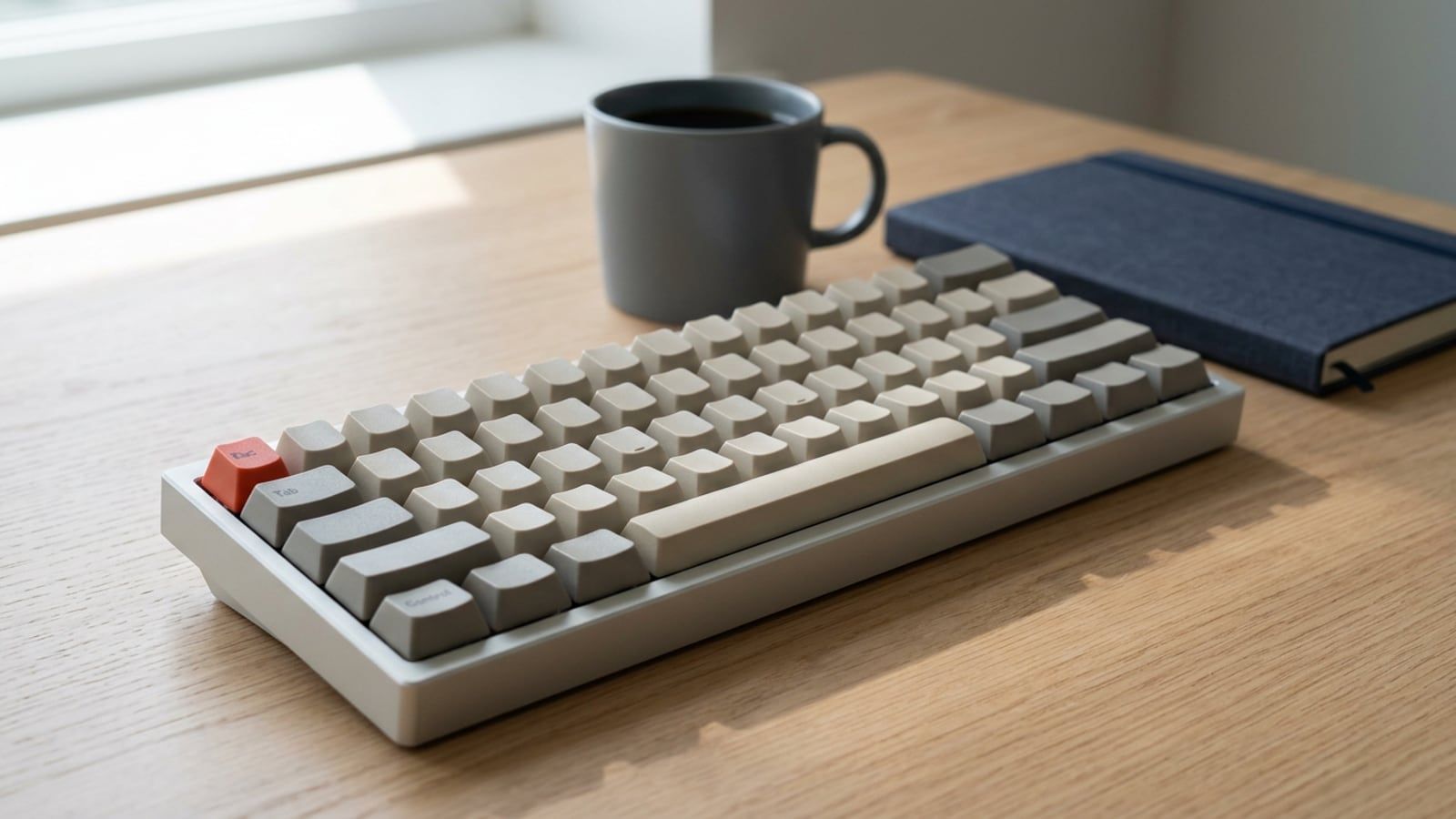 A beige and grey keyboard on a pale oak desk seen low from the left, every keycap completely blank, a mug and a closed notebook behind it