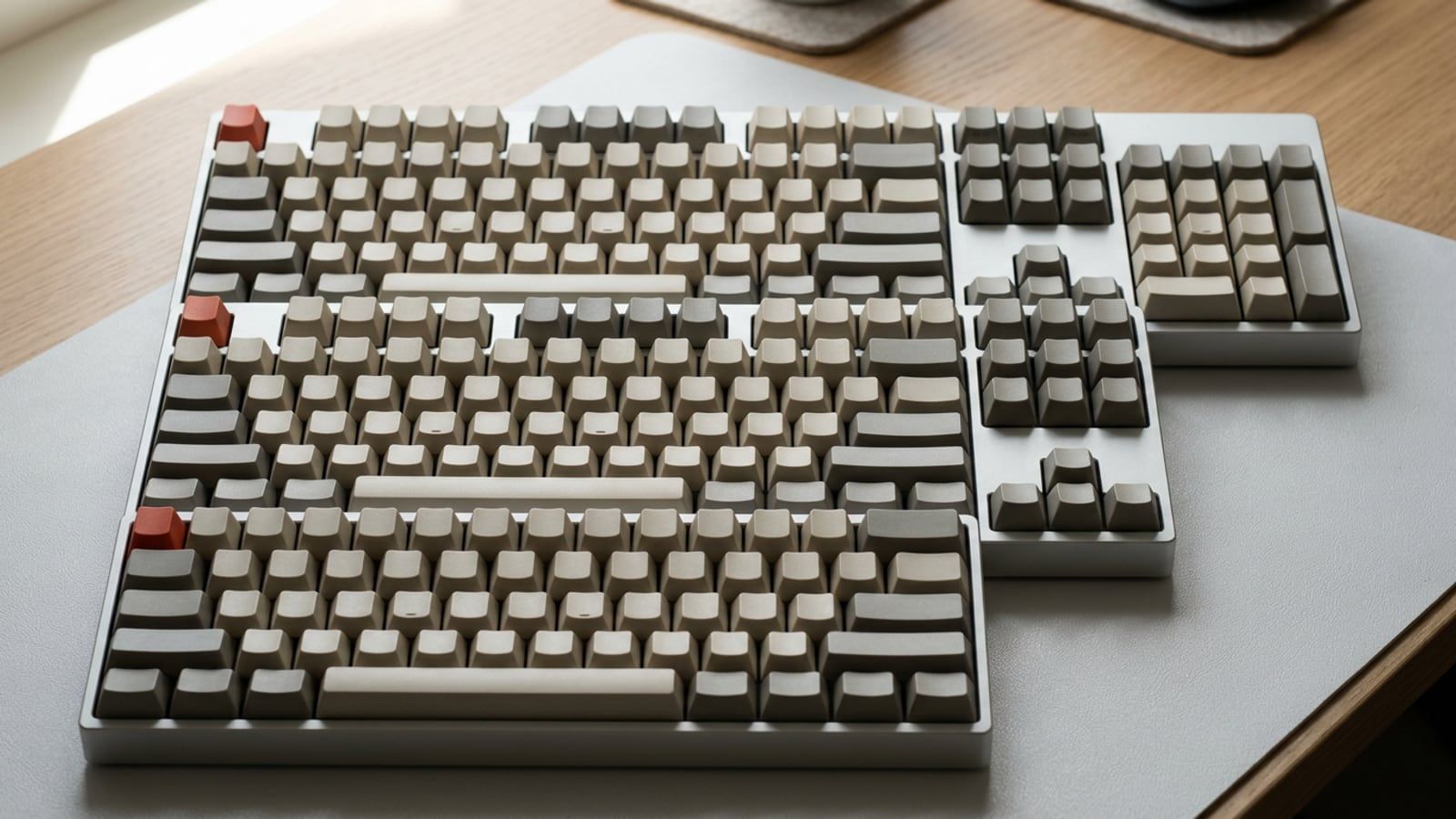 A full-size keyboard, a tenkeyless and a 60% stacked from widest to narrowest on a pale grey desk, left edges lined up, every keycap blank, the steps showing on the right
