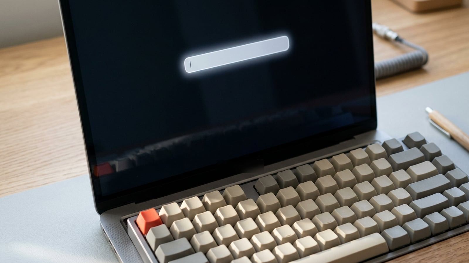 A laptop with a beige mechanical keyboard set over its own keys, its dark screen empty except for one softly glowing blank search bar near the top