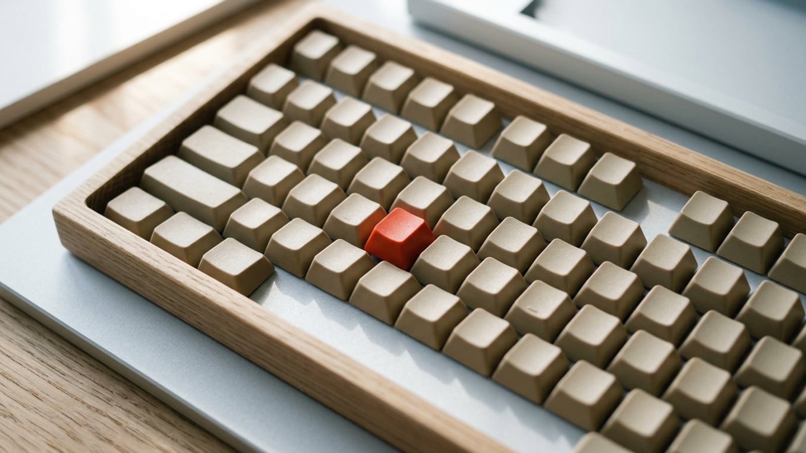 A shallow tray of loose blank beige keycaps sorted into neat rows on a pale desk, one red-orange keycap among them in sharp focus, the rest softly out of focus