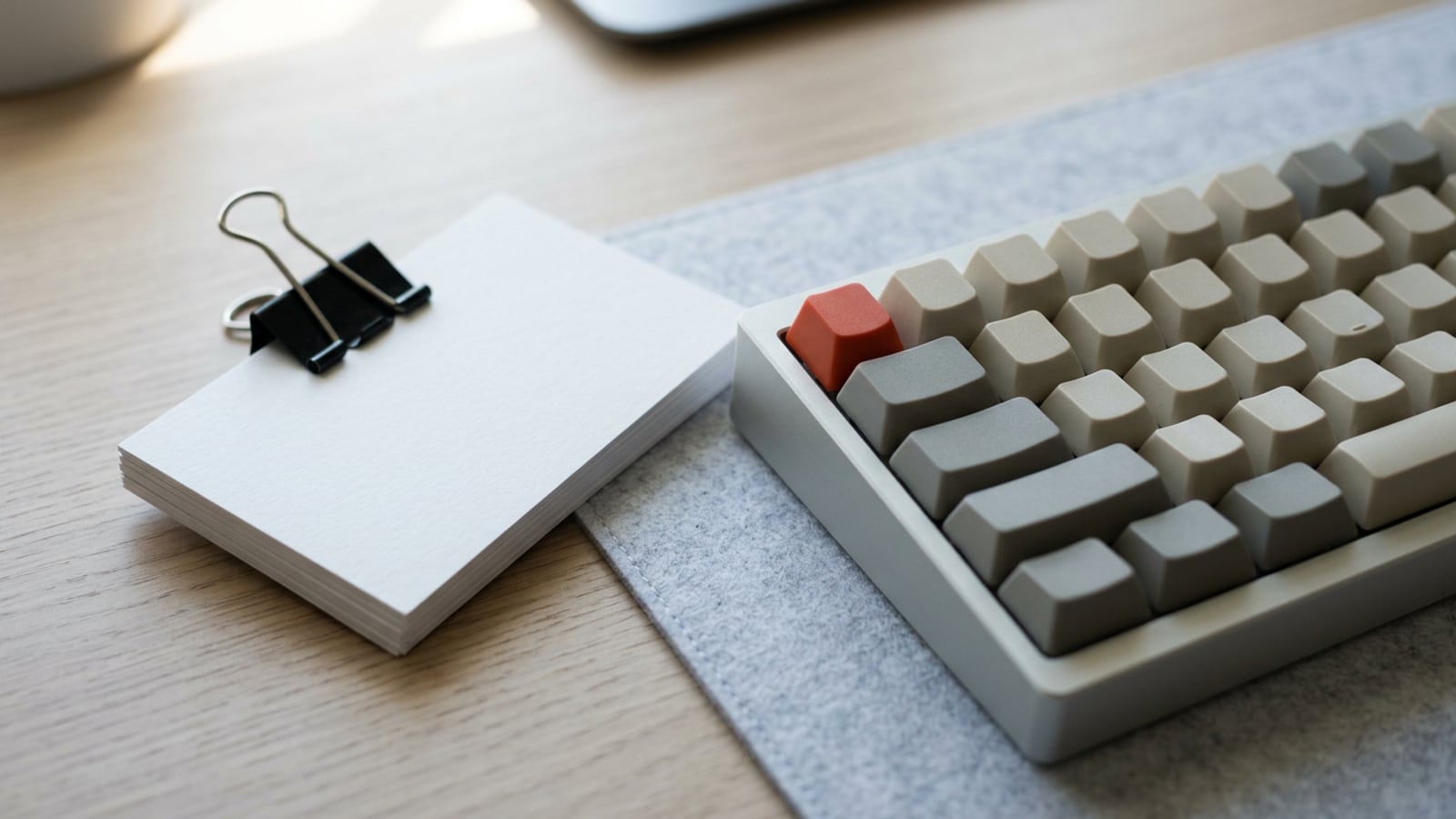 A small stack of blank white index cards held by a black binder clip beside the corner of a beige keyboard on a pale oak desk