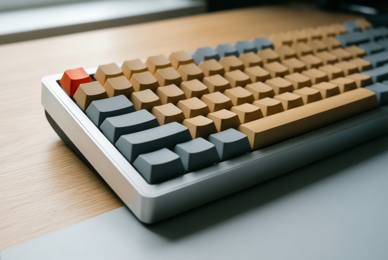 A beige and grey mechanical keyboard with a red Esc key sits on a light oak desk in soft daylight.