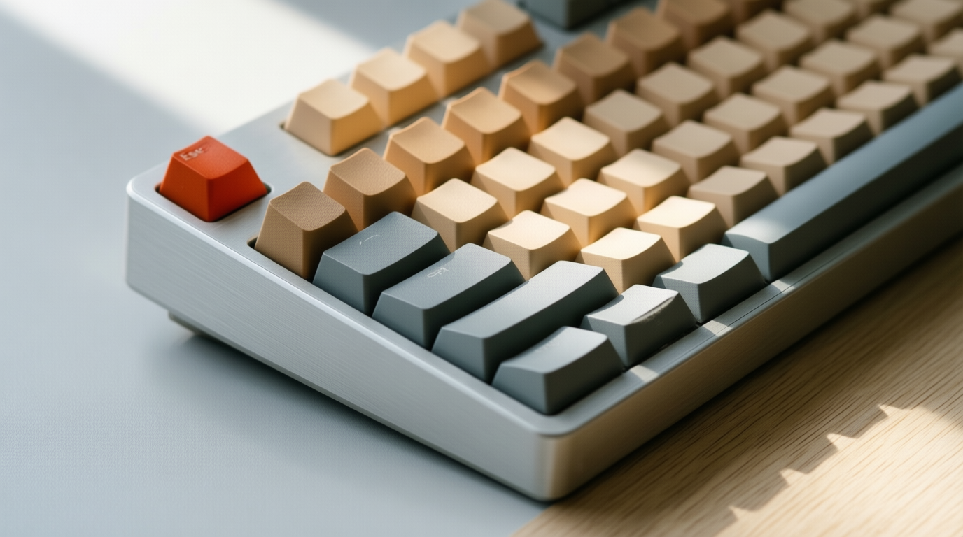 Close-up of a beige and grey mechanical keyboard with a red Esc key on a desk.