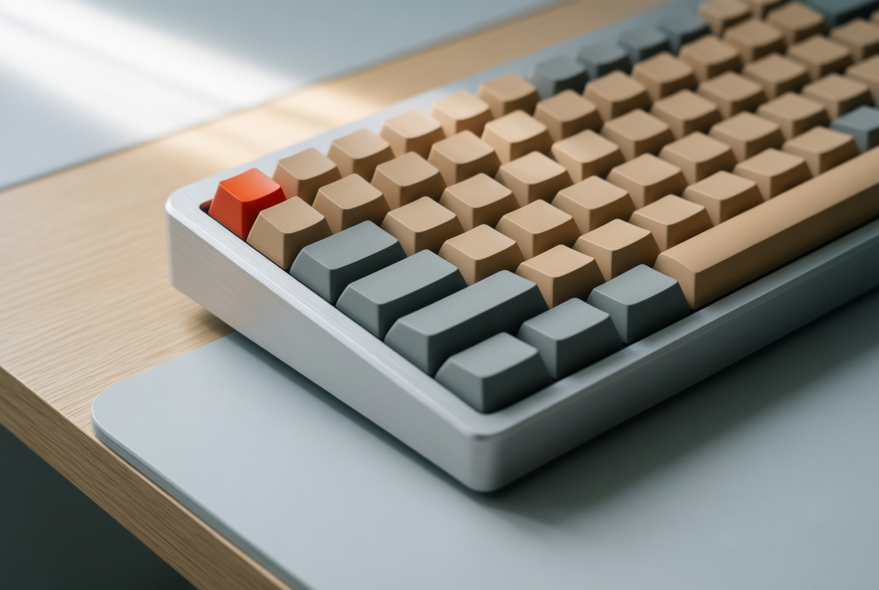 A compact mechanical keyboard with beige keycaps and a red Esc key sits on a clean desk.