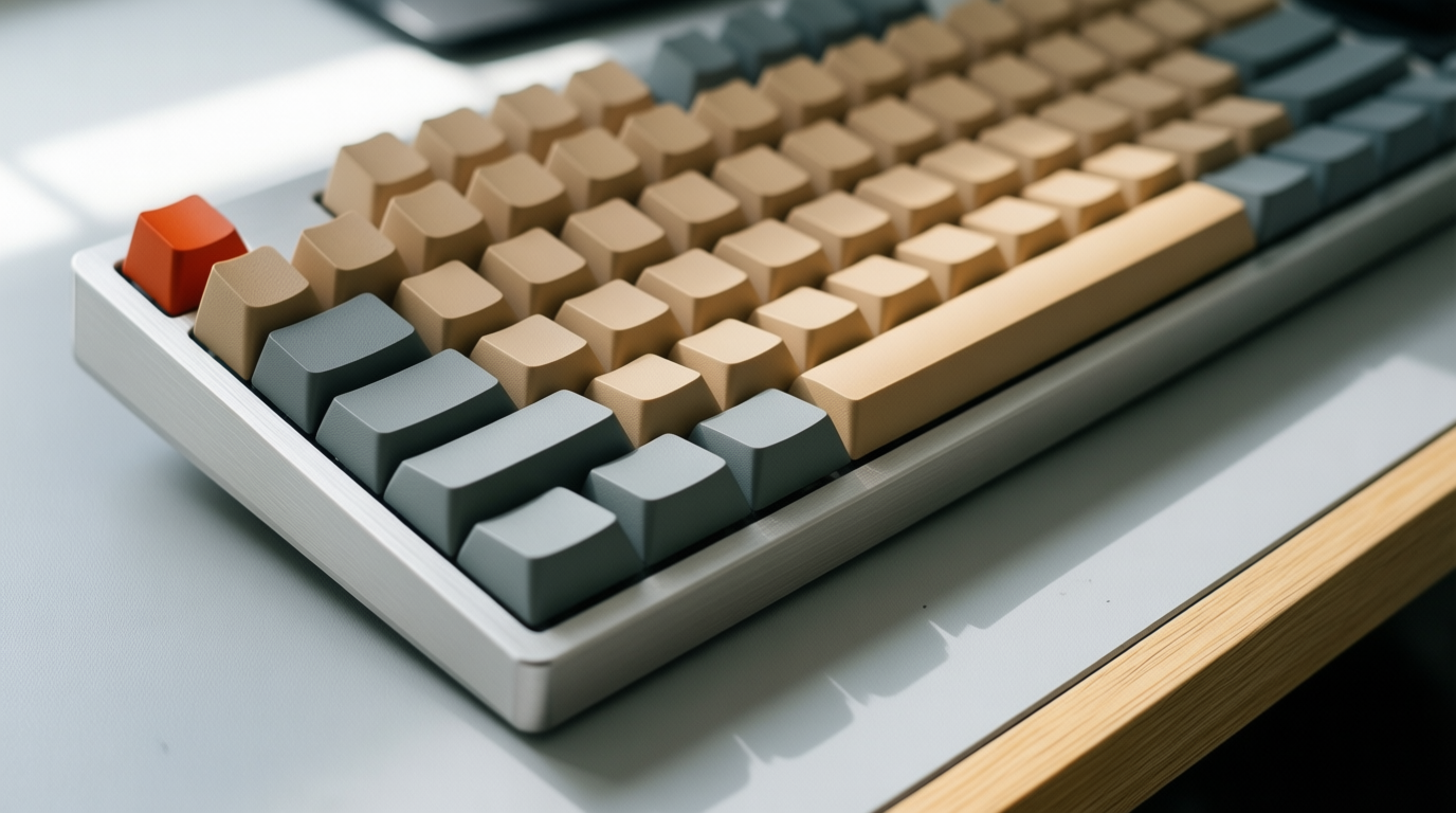 A beige and grey mechanical keyboard with a red escape key sits on a desk in soft light.