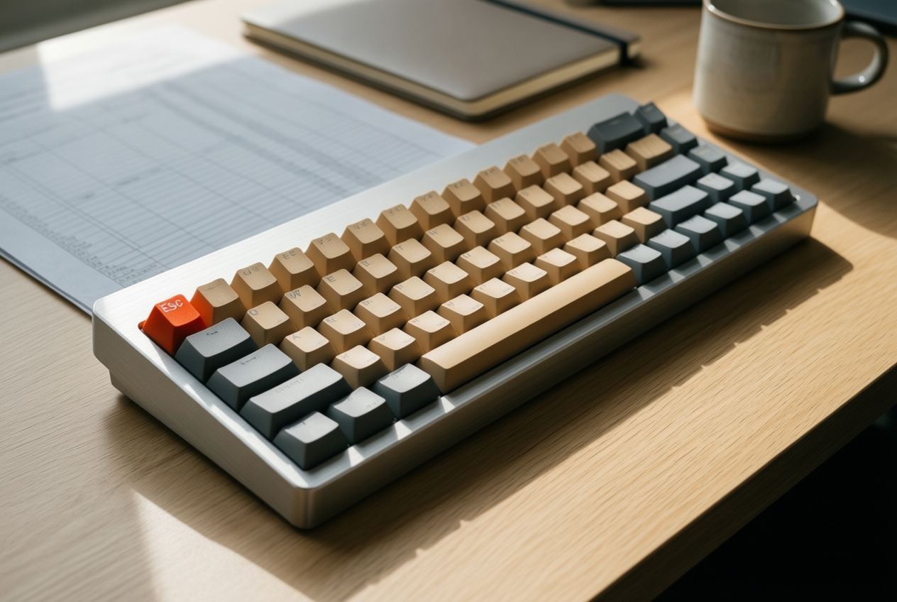A compact aluminum keyboard with beige keycaps and a red escape key sits on an oak desk beside a notebook and mug.