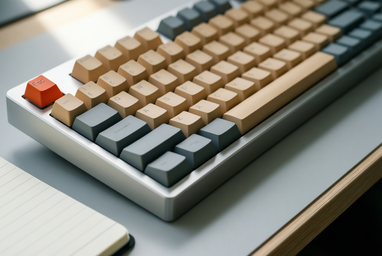 Close-up of a beige and grey keyboard with one red key on a clean desk, featuring shallow depth of field.