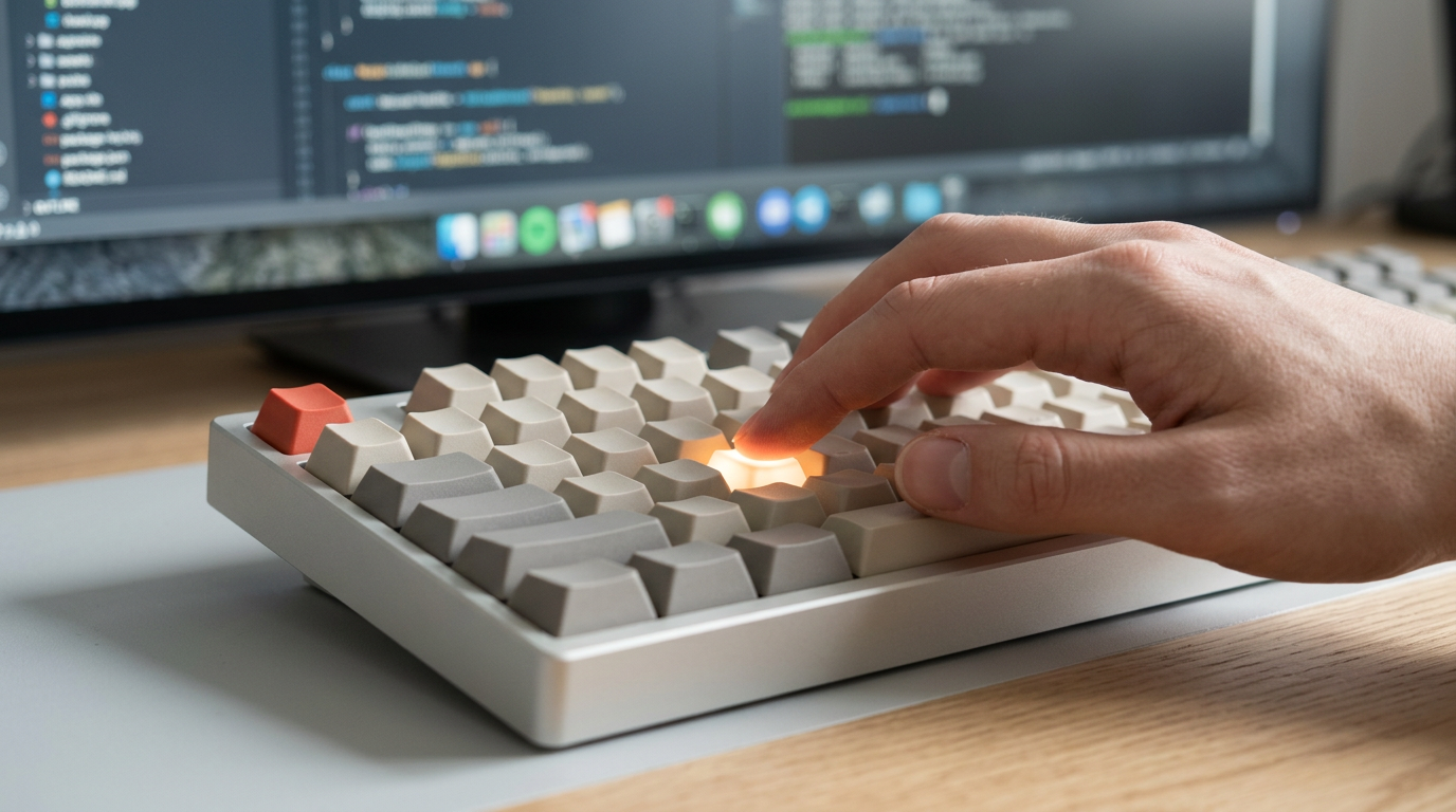 A hand presses a glowing key on a modern beige and grey keyboard against a blurred digital background.
