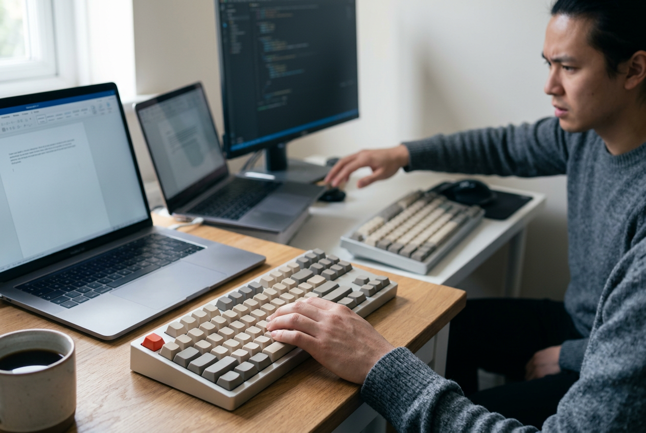 A person struggles with mismatched keyboard layouts at two separate desks, highlighting the need for a universal launcher key.