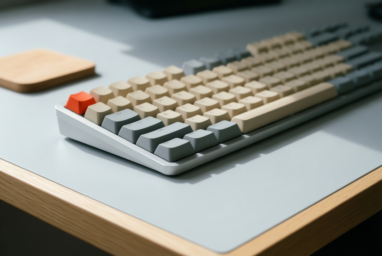 A slim, low-profile aluminum keyboard with beige and grey keys sits on a pale grey desk, featuring a single red-orange escape key.