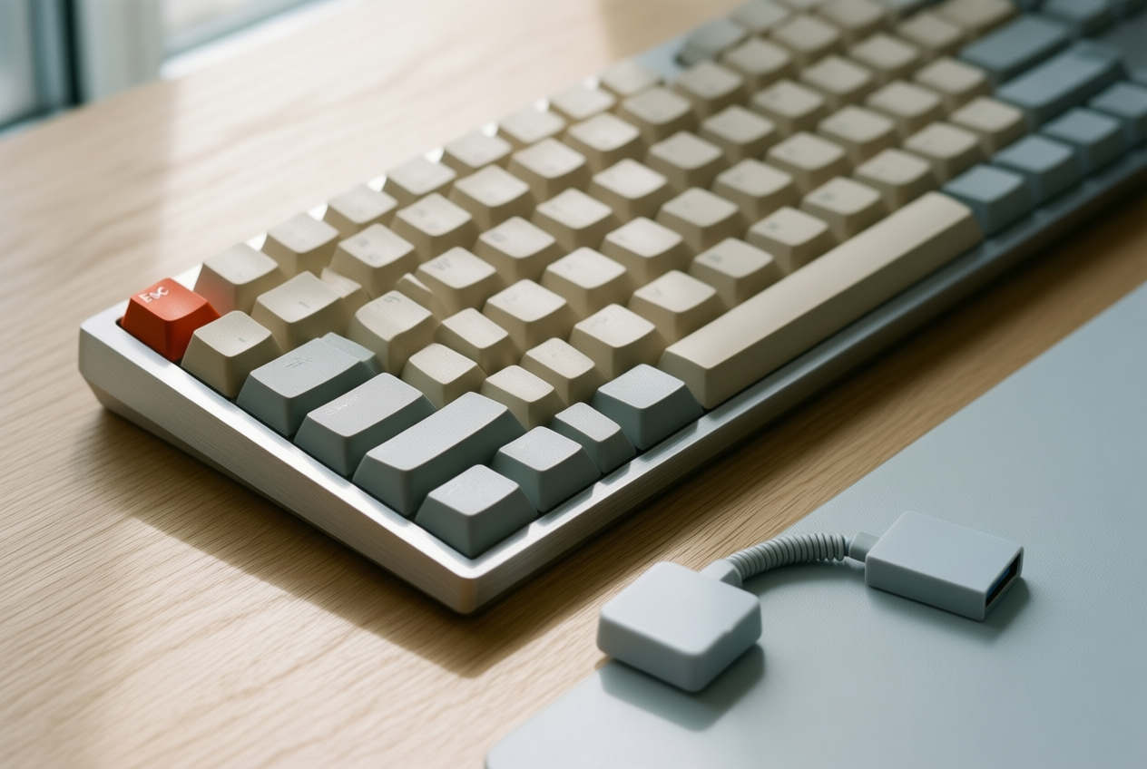 A beige and grey keyboard with a red Escape key sits on an oak desk next to a USB receiver.