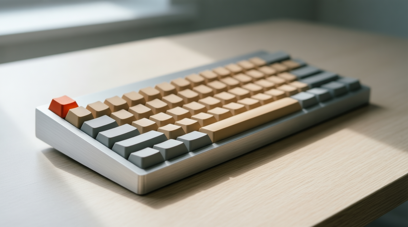 A pale aluminum keyboard with beige keycaps and a red Esc key sits on a light oak desk in a tidy workspace.