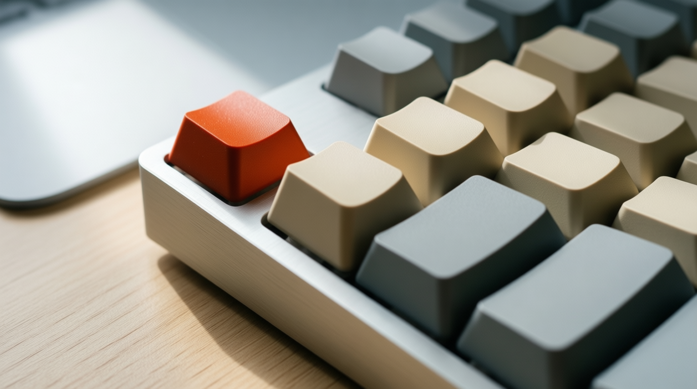 Close-up of a beige and grey mechanical keyboard with a single red Esc key on an oak desk.