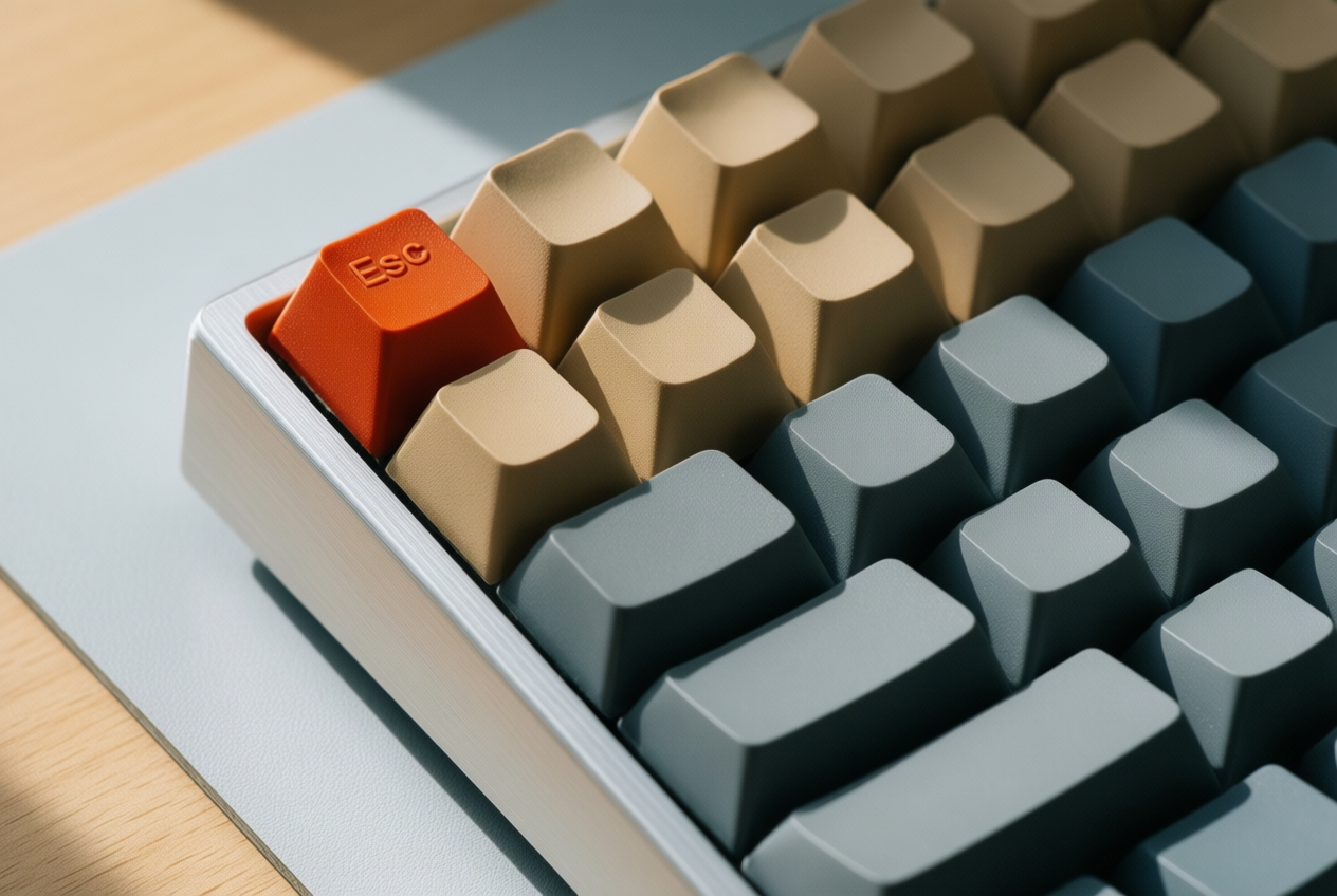 Close-up of beige and grey keyboard keys with one red escape key on a light oak desk.