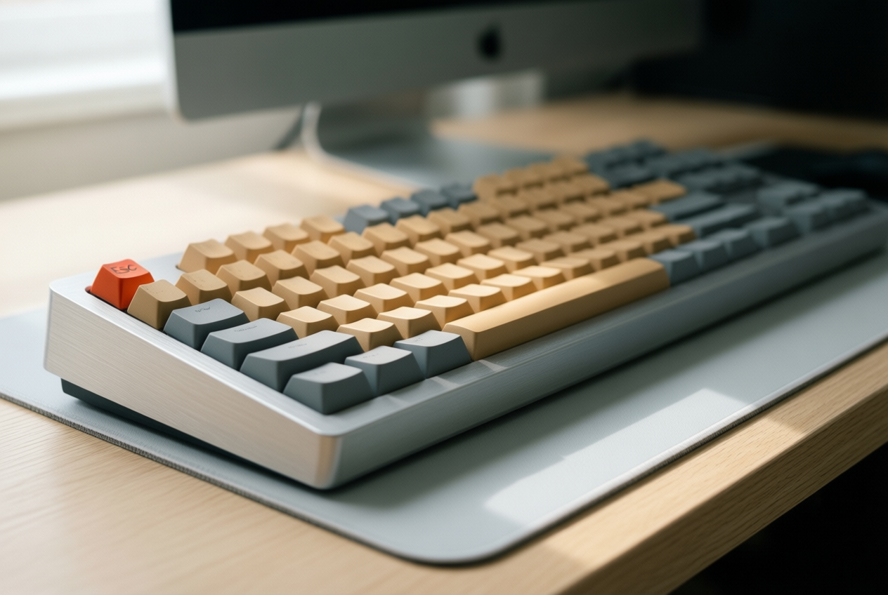 Full-size keyboard with beige keys and red escape key on a light oak desk, photographed from a low angle.
