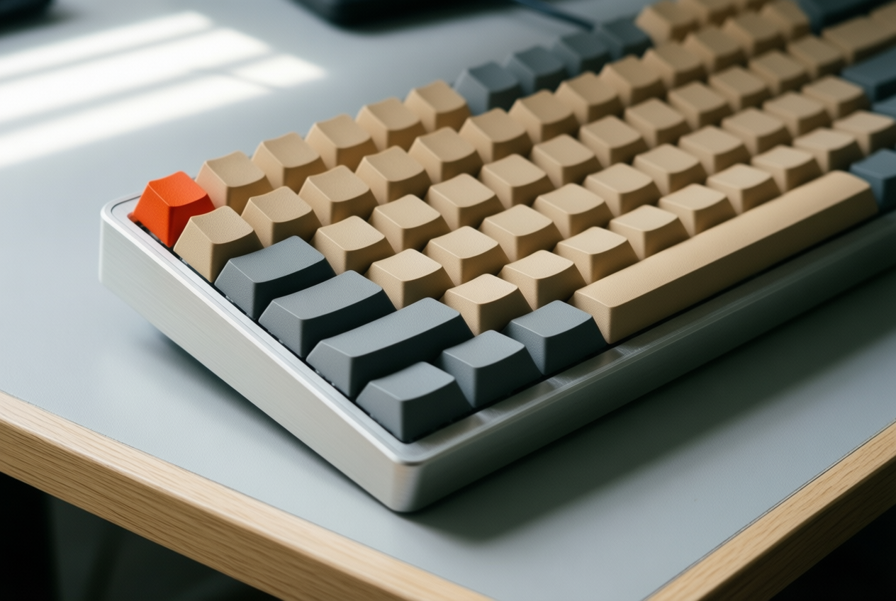 Close-up of a beige and grey keyboard with a red Esc key on a desk, shallow depth of field.