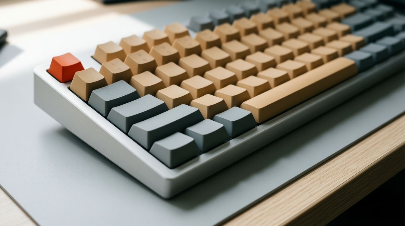 Close-up of a beige and grey keyboard with one red key on a desk, lit by soft daylight.