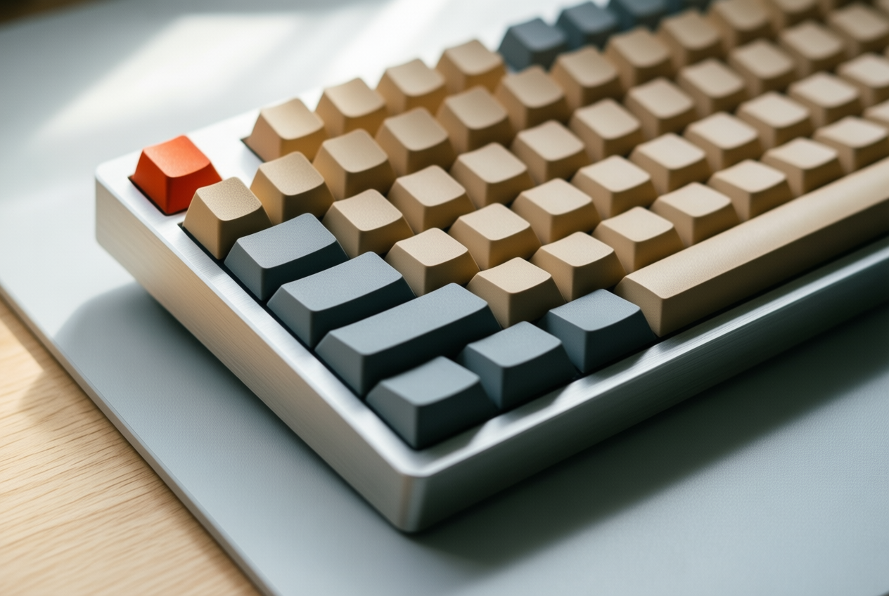 Close-up of blank beige PBT keycaps on a grey desk, with one red-orange Esc key and soft daylight shadows.
