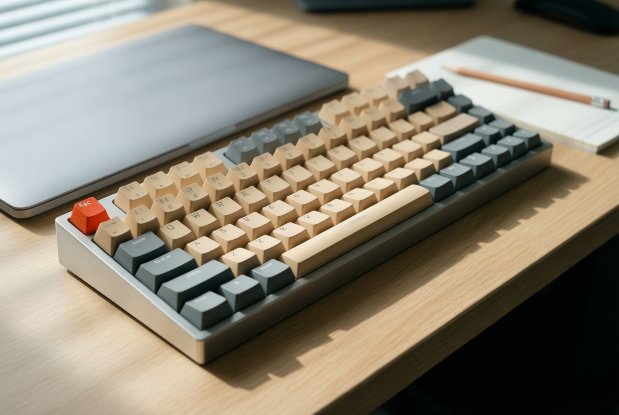 Close-up of a pale aluminium keyboard with beige keycaps and one red-orange Esc key on an oak desk.