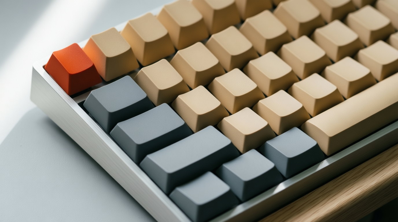 Close-up of beige and grey PBT keycaps with a red-orange Esc key on an aluminium keyboard, lit by soft daylight.