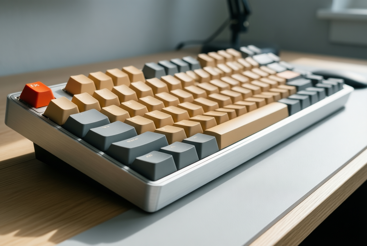 Close-up of a beige and grey mechanical keyboard with a red Esc key on a light oak desk.