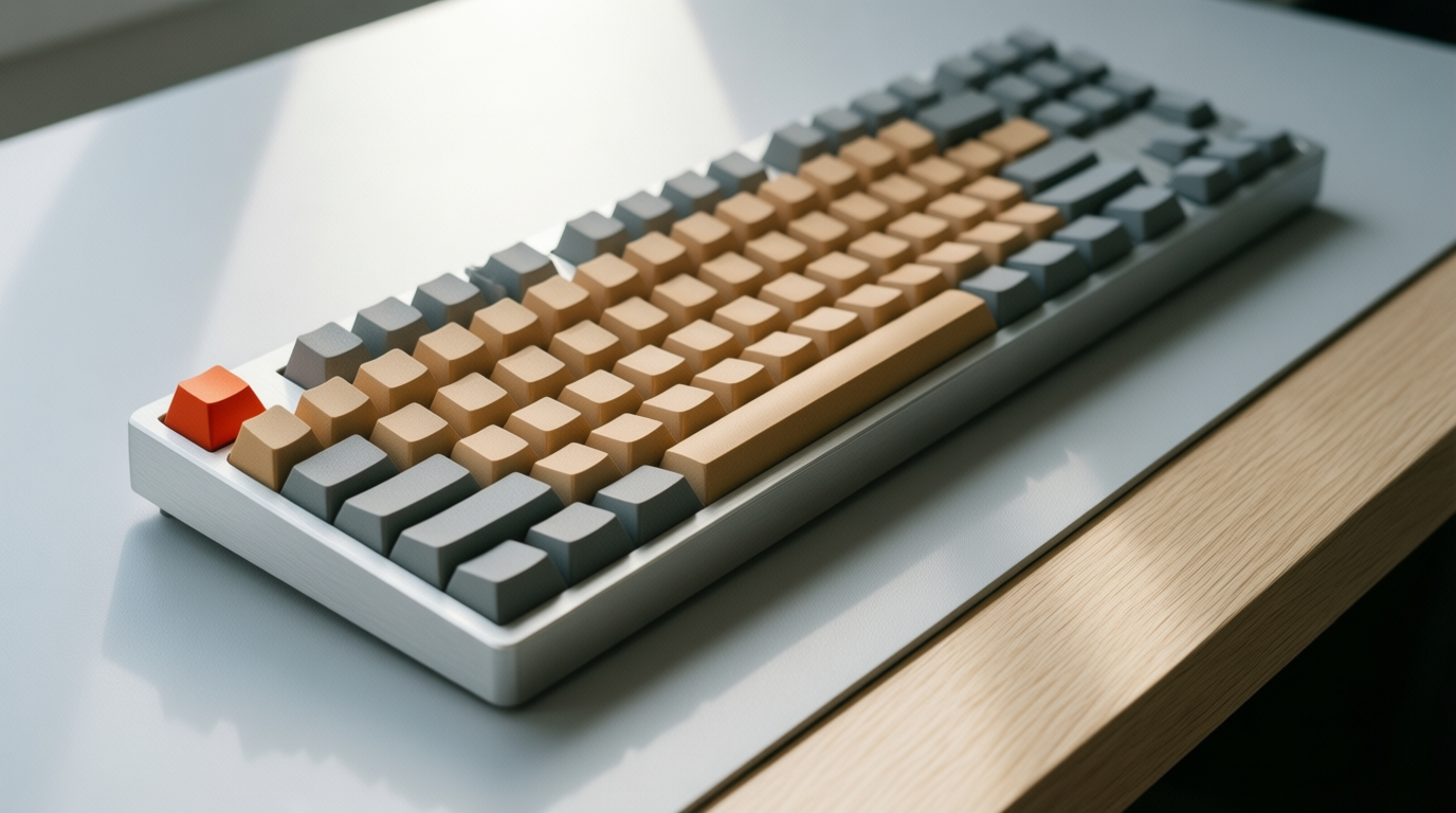 Full-size beige and grey keyboard with red Esc key on a grey desk, shot from above.