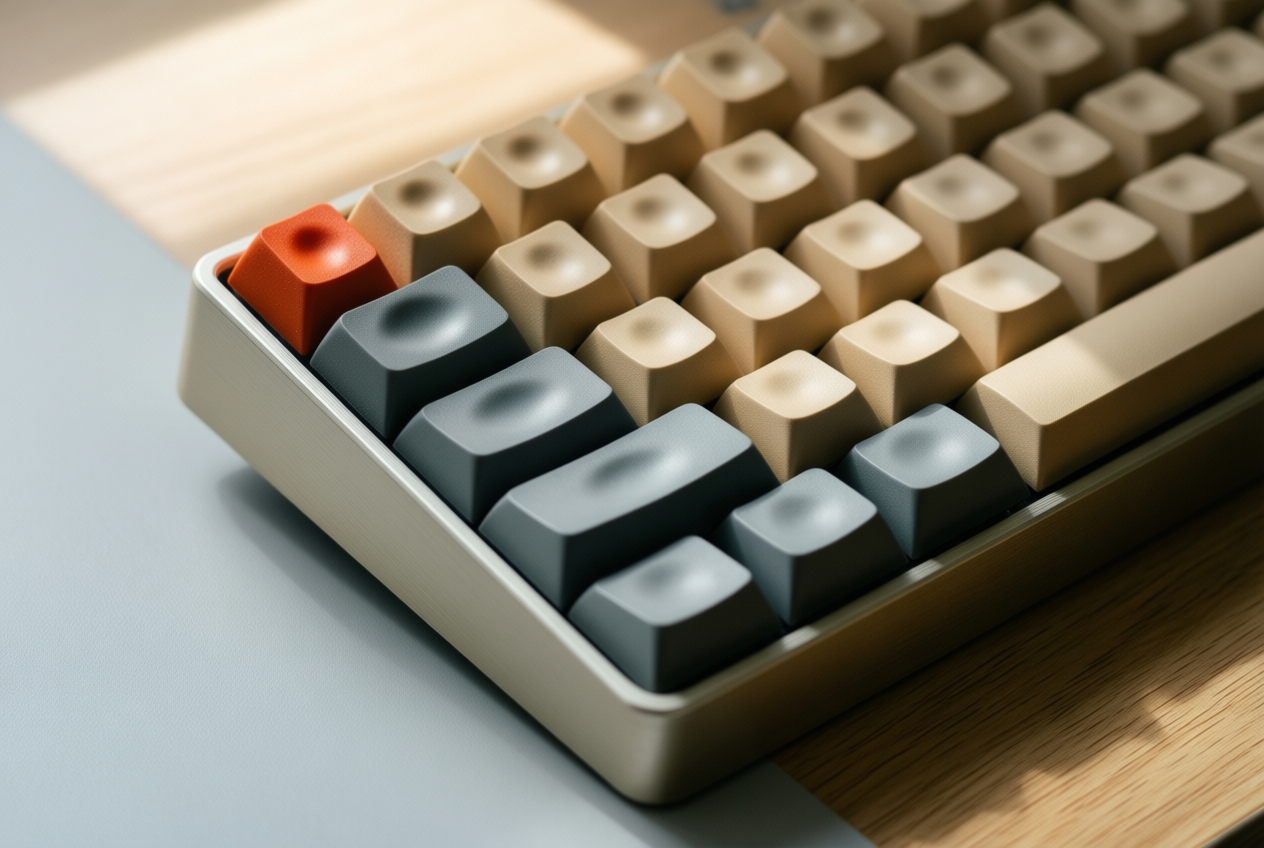 Close-up of a mechanical keyboard with beige PBT keycaps and one red Esc key, resting on an oak desk.
