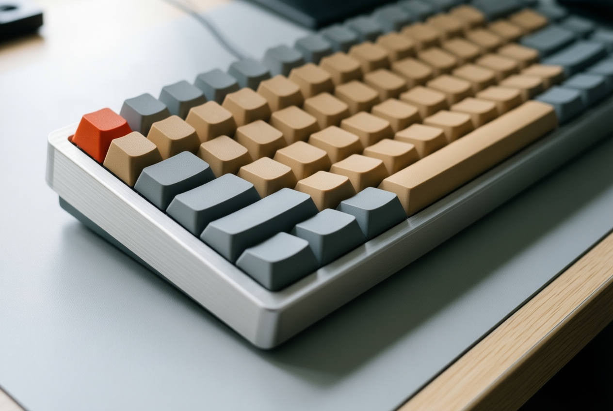 Close-up of a beige and grey mechanical keyboard with one red Esc key, resting on a desk in soft daylight.